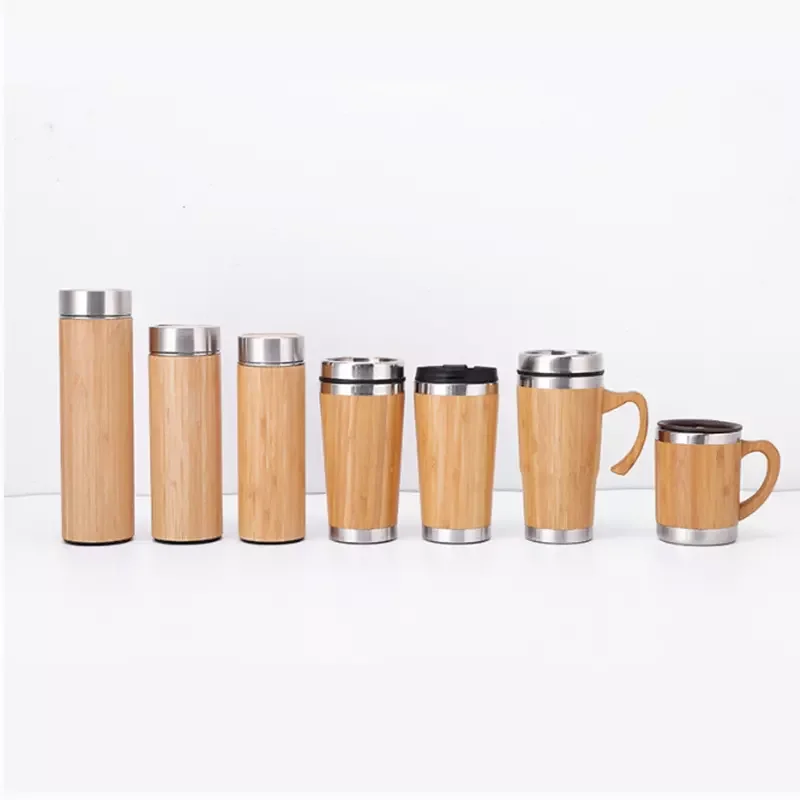 Bamboo Body 450 ml Double Wall Stainless Steel Coffee Mugs Thermos Flask Tumbler with Handle