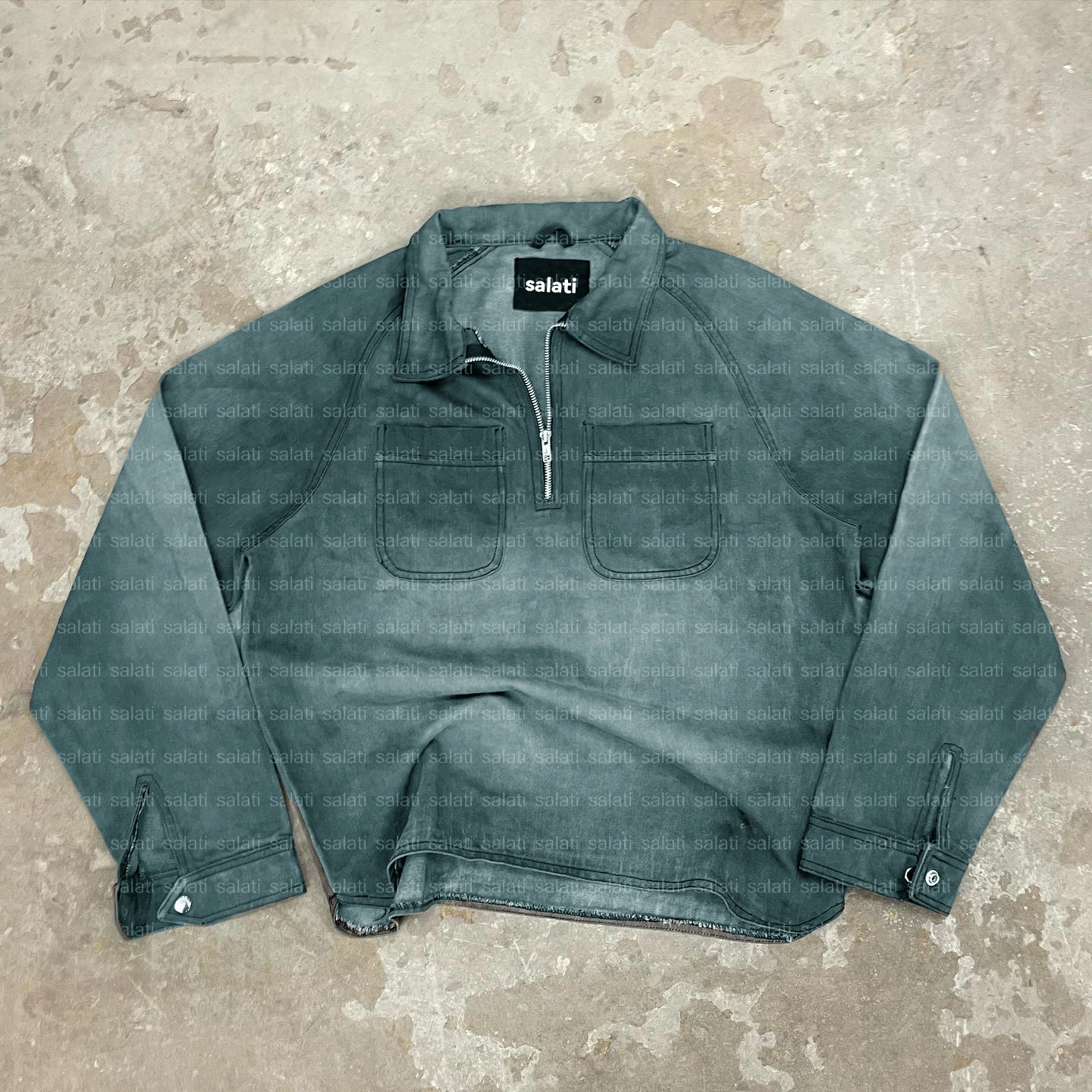 Salati 1/4 Quarter Zip Pullover Sweatshirt Sun Faded Blank Baggy Acid Wash Long Sleeve Jean Denim Tshirt Workwear Work Shirt Men gallery 12