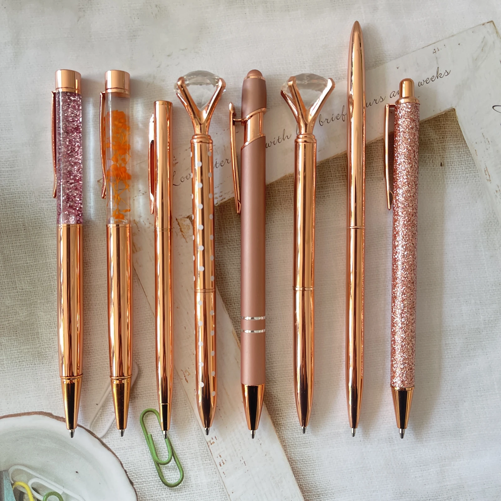 8 Pcs Rose Gold Ballpoint Pen Set Liquid Sand Glitter Metal Crystal