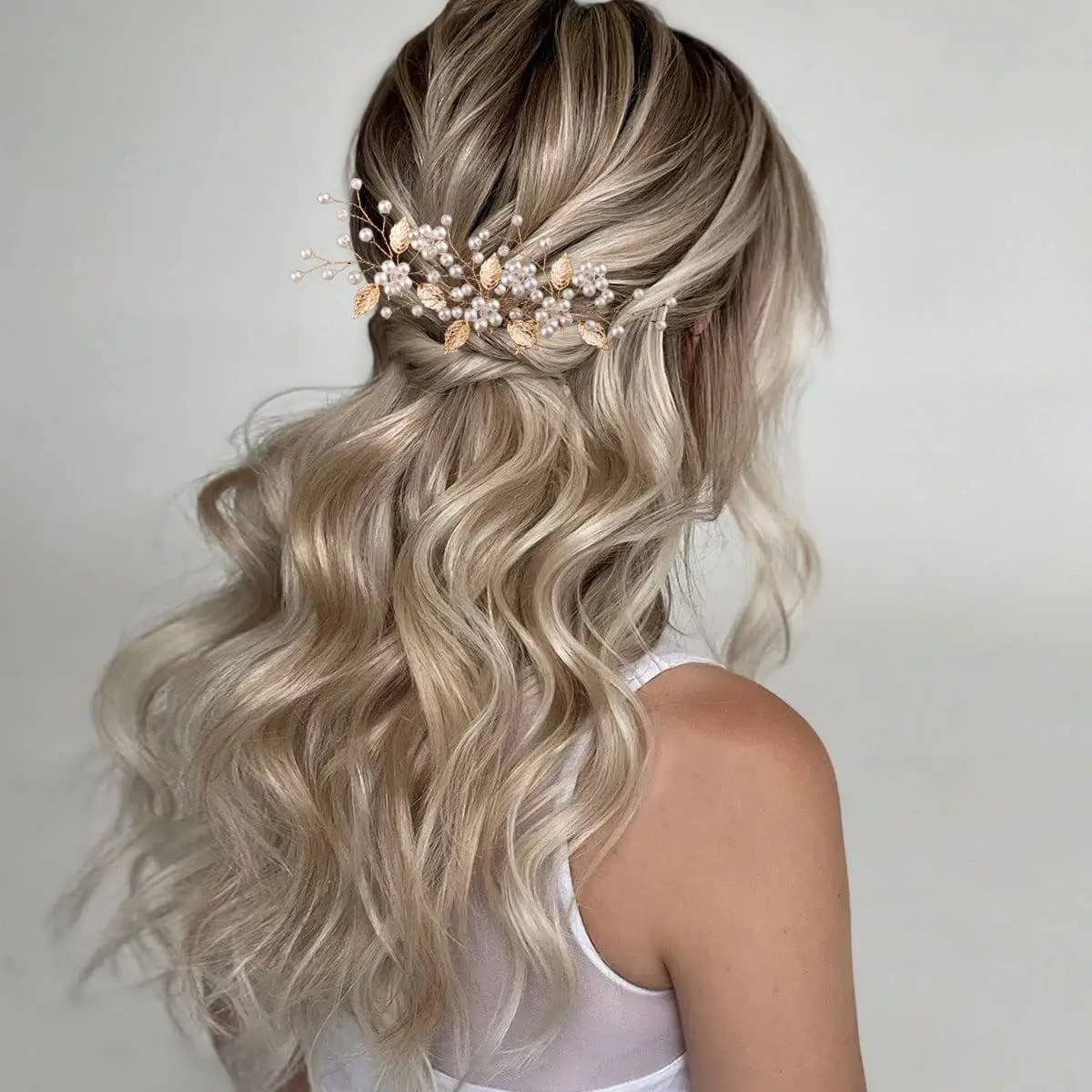 7-piece pearl wedding hair pins bridal headpiece leaf hair clips for women Gold Leaf Rhinestone Pearl Wedding Hair Pins - Set of 5  main image 2