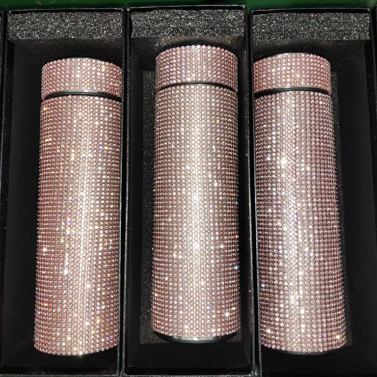 Stainless Steel Refillable Thermal Temperature Display Smart Led Insulated Bottle Bling Diamond Leopard Water Bottle