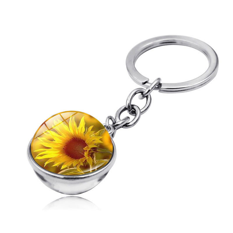 Милый модный женский брелок для ключей LWK70038, подарки, художественная картина, двухсторонний стеклянный шар, Подсолнух, брелок, аксессуары