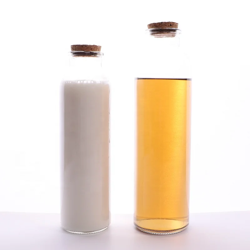 Cork Cap Cylinder Shaped clear Empty Storage Container 300ml Orange Juice Glass Bottle