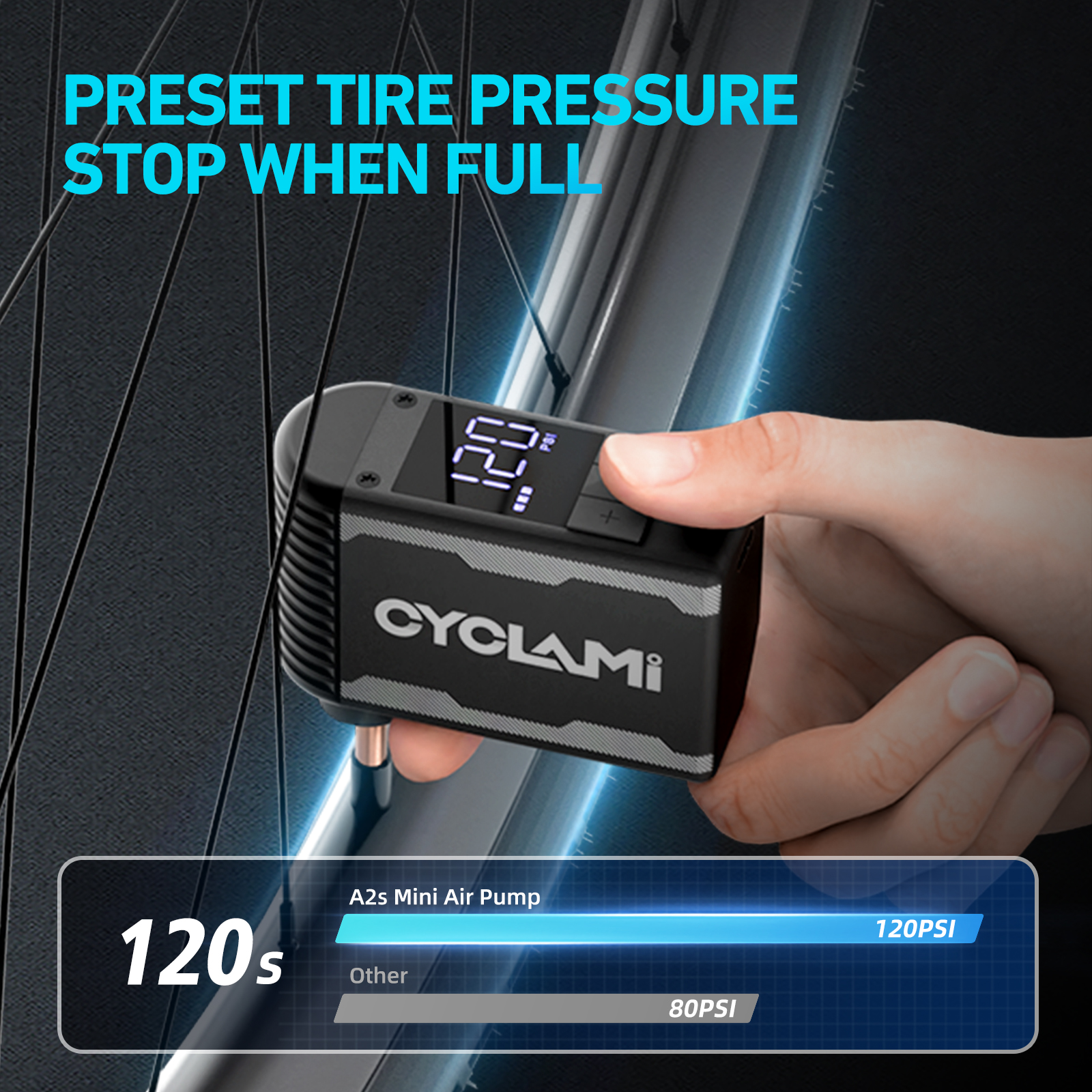 CYCLAMI ミニポンプ A2s 120PSI 電動ポンプ　液晶表示付き CYCLAMI A2S 120PSI Mini Air Pump - Efficient Bicycle Inflation