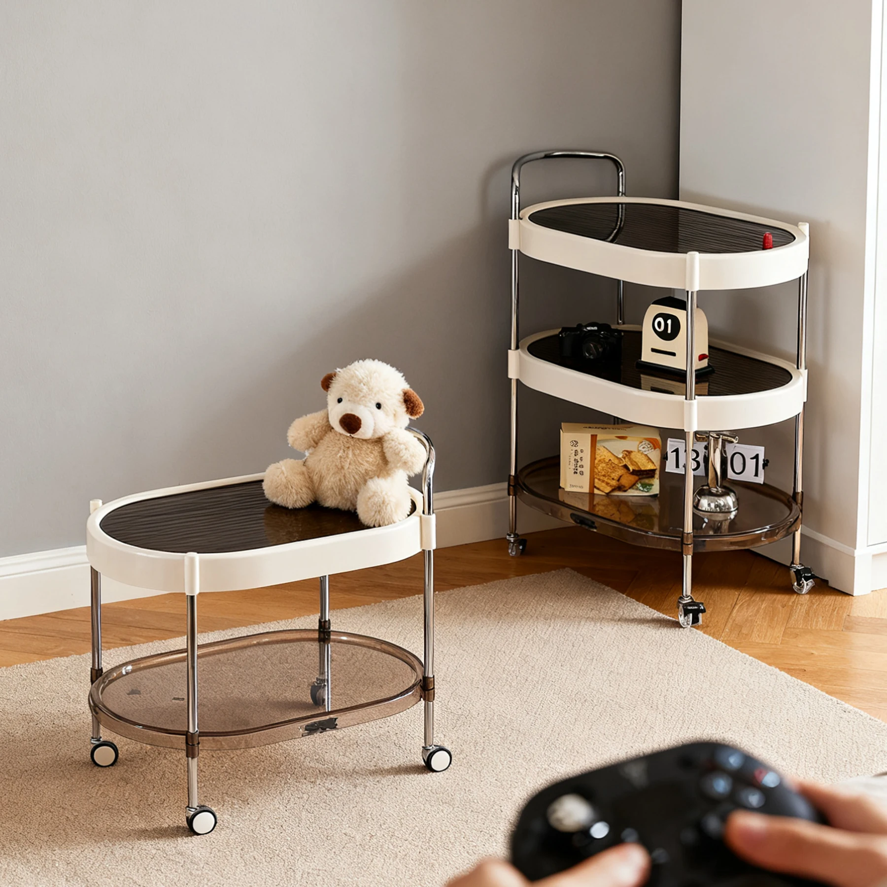 Carrinho de Plástico Mesa Lateral Moderna para Sofá Mesinha de Centro Removível Armário Lateral para Sala de Estar Carrinho com Prateleira de Armazenamento
