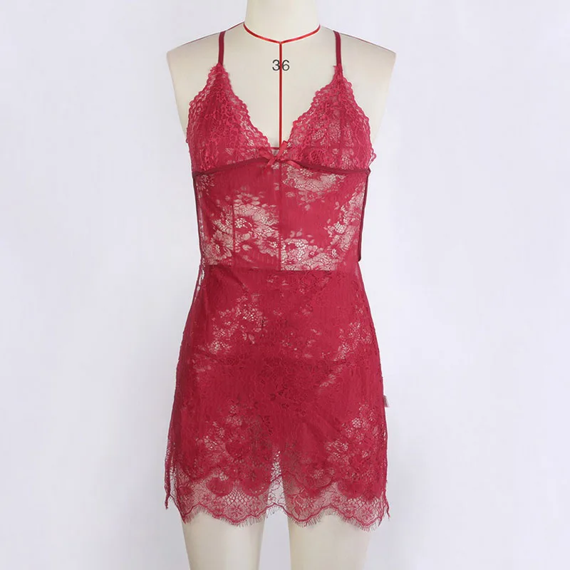 Women Lace Side Slip Patchwork Slim Sling Sleepwear Satin Exotic