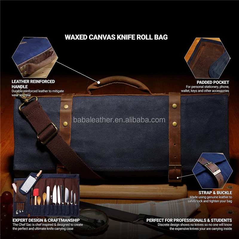 High Quality Leather Waxed Canvas Chef Tool Kit Knife Roll Storage Bag