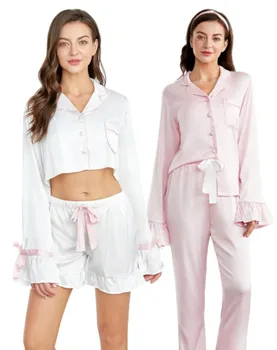 Satin Silk Pajamas for Women's Set pyjamas Winter Sleepwear Nightwear 2Pcs Pajamas party clothes