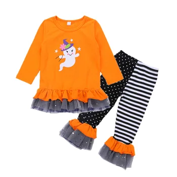 European and American children's wear Halloween girls' long-sleeved snowman striped printed flared trousers set