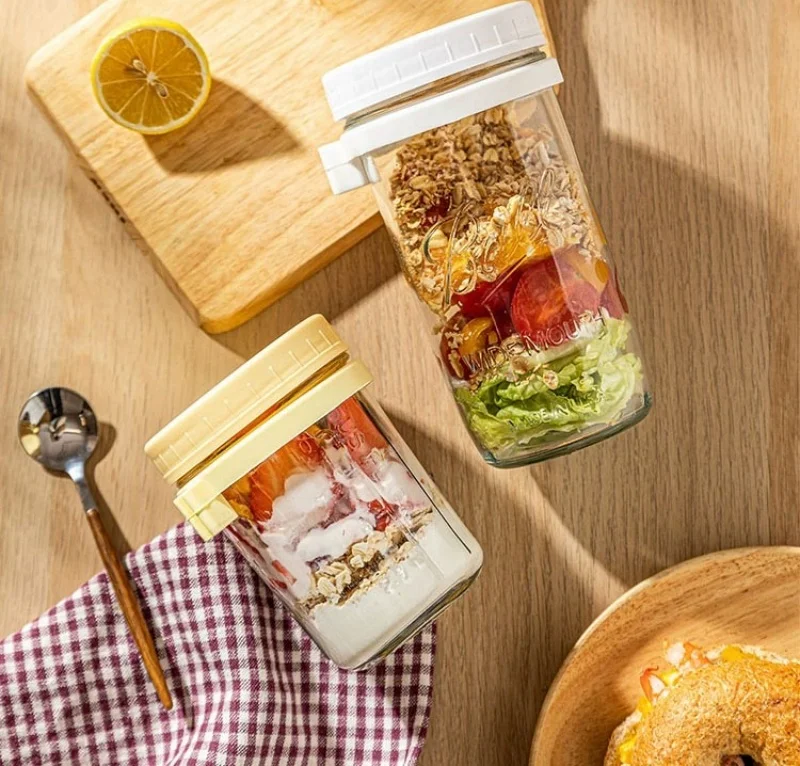 HEKOBAG Lot De 2 Pots Overnight Oats 600ml En Verre Avec Couvercle, Cuillère Et Porte-Cuillère - Gris Et Blanc