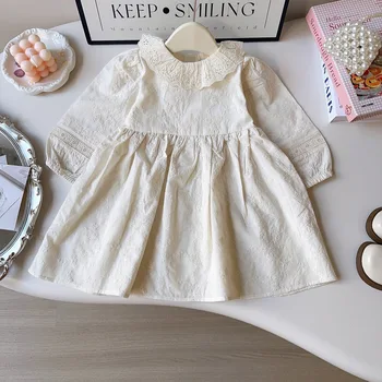 2025 Girls' Spring and Autumn Princess Dress O-Neck Collar Long Sleeve Lace Lapel Fashionable Long Short Baby Skirts