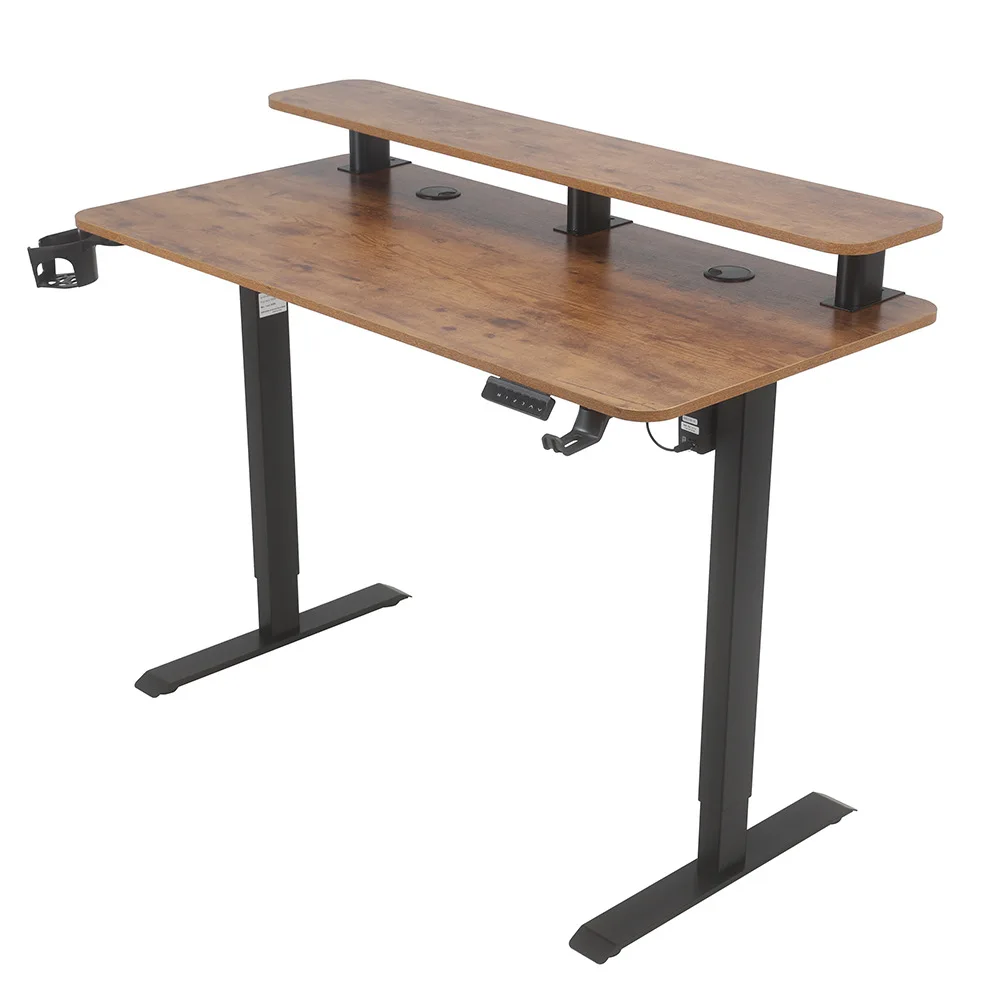 Modern Double-Layer Electric Lift Computer Desk Adjustable Home Office Study & Gaming Workbench with Iron Metal Panel Wood Style
