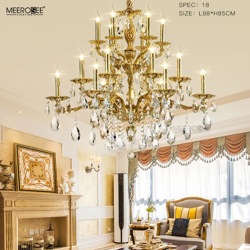 MEEROSEE Copper Gold Chandelier K9 Crystal Brass Light Luxurious Brass Chandelier for Home Hotel Villa MD83092