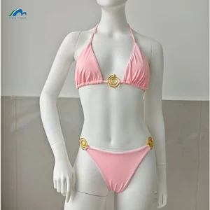 ODM New Trend Womens Bathing Suits Red Plaid Design Swimsuit Double Shoulder Buckle 2 Piece Bikini Set