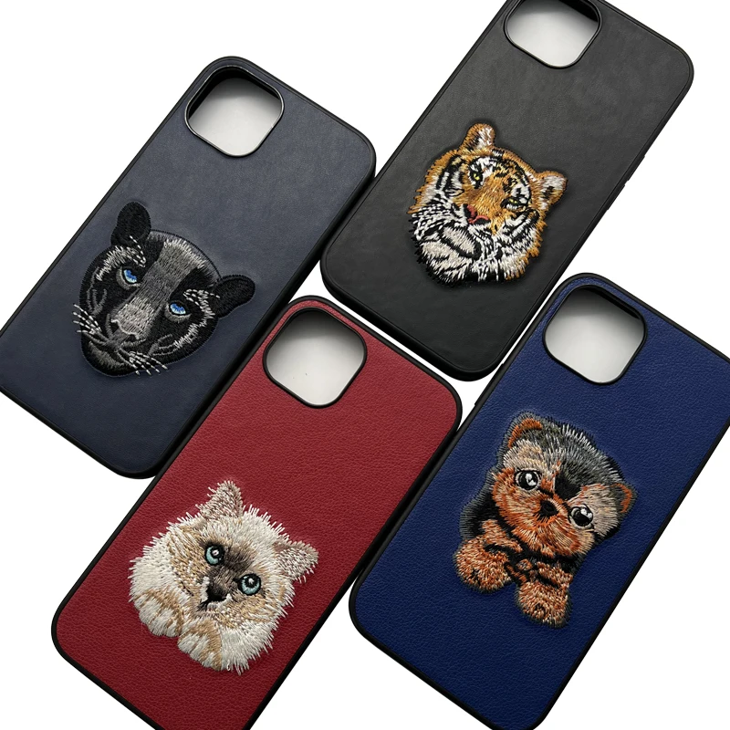 Custom Pattern logo High Quality Animal Embroidery Soft Slim Pu Pure Leather Mobile Phone Cases for iPhone 14 15 Pro Max