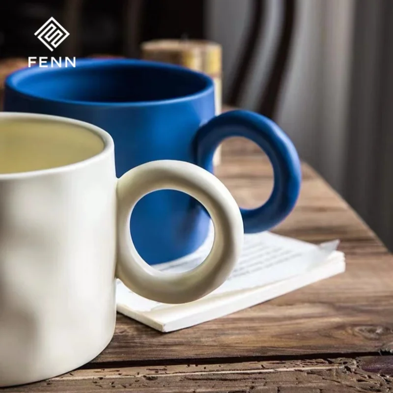 FENN Wholesale Vintage Simple Ceramic Mug Custom Pottery Mug Milk Cup with Round Ear Handle Business Coffee Cup and Gift Mug