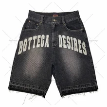 Acid Washed Black Customized 100% Cotton 14oz Applique Embroidery Denim Shorts Baggy Loose Fit Jeans Jorts Men