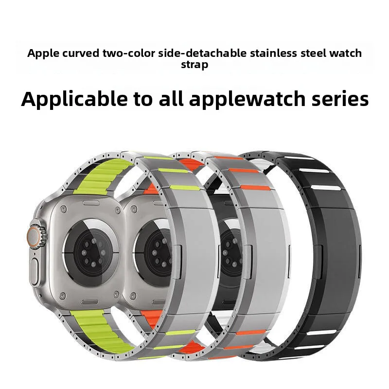 New Fluororubber Stainless Steel Watch Strap for Apple Watch S10/11 42mm 46mm Ultra 49mm SE 44mm Magnetic Clasp Watch Band