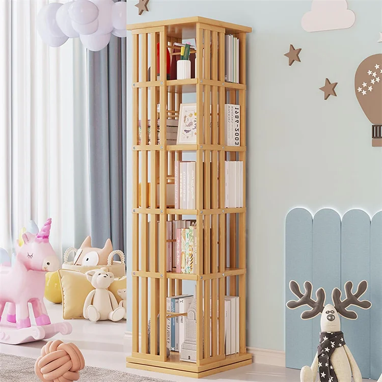 Large Revolving Bamboo Wood Bookshelf Home 360 Rotating Book Rack