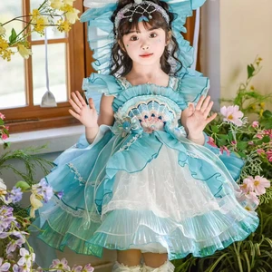 Mermaid Tutu Dress Boutique Kids Princess Dresses Toddler Children Girls' Lace Blue Dresses Short Sleeve Lolita Spanish Dress