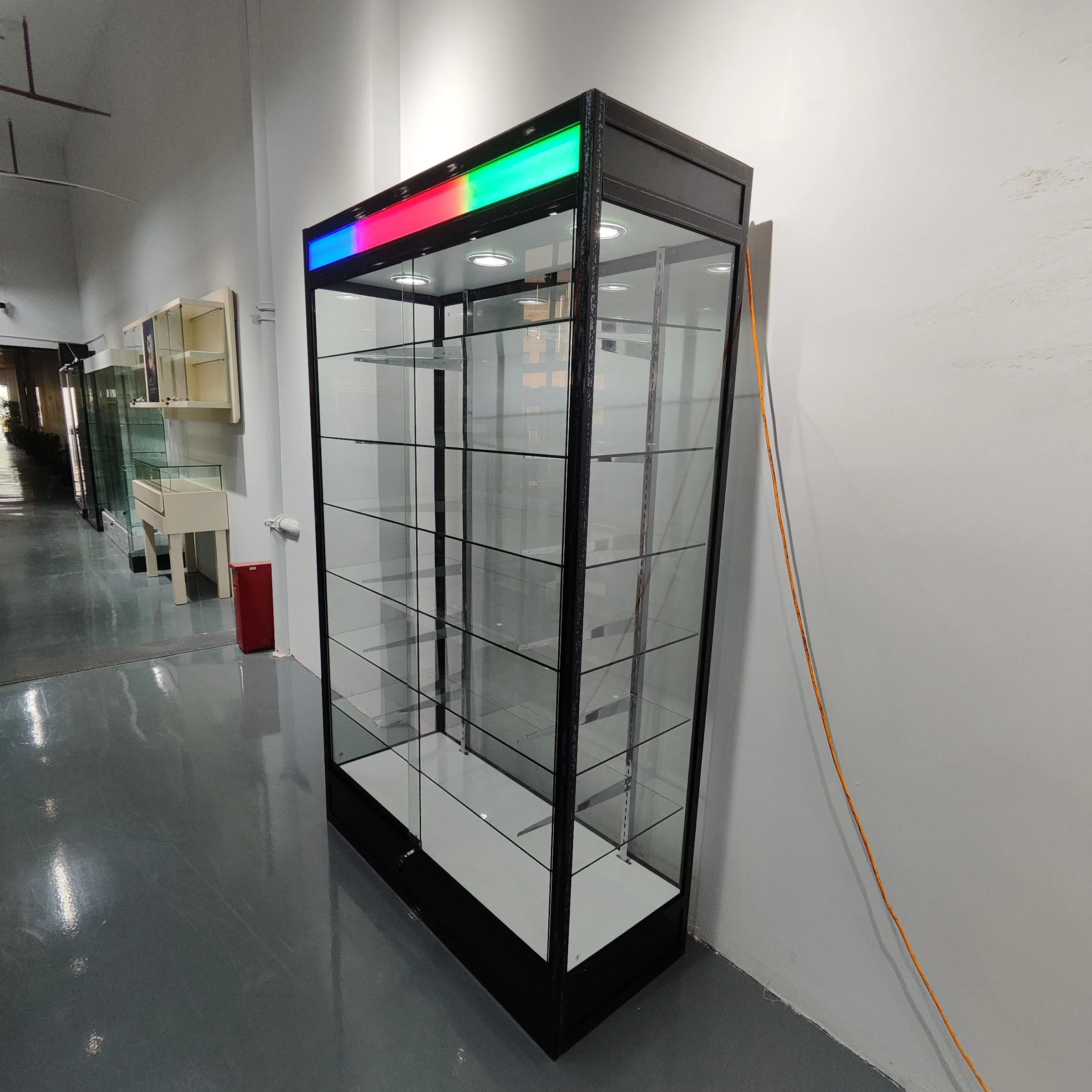Custom Aluminum Framed Glass Showcase with Colourful Light Box Full Vision Glass Display Showcase for Shop Decoration