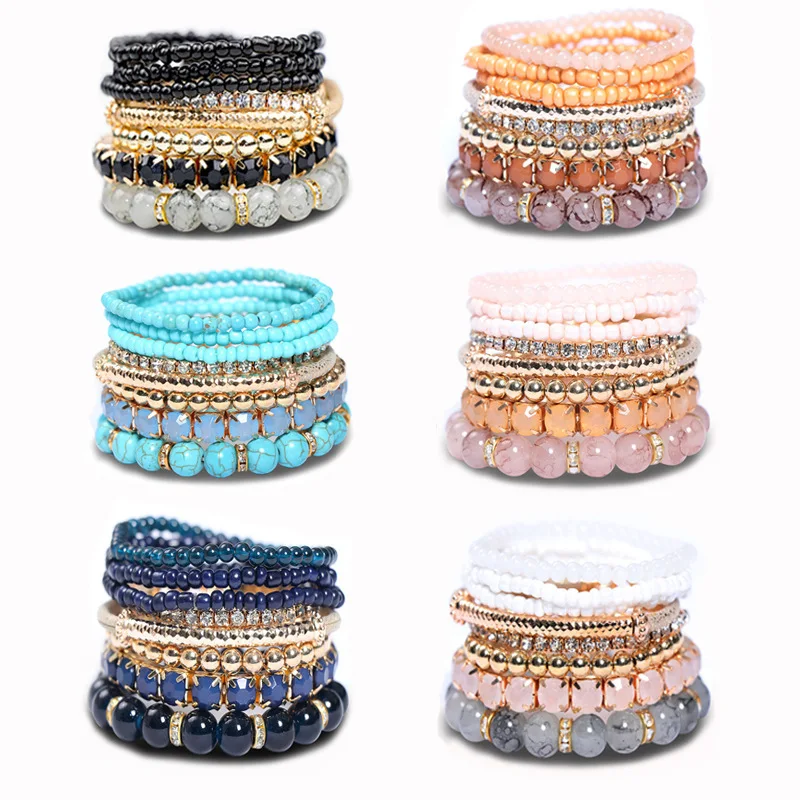 Wholesale Bohemian Fashion Charm Stack Bracelets Set Colorful Natural Stone Boho Ethnic Rice Beaded Jewelry Bracelet Gift Sets