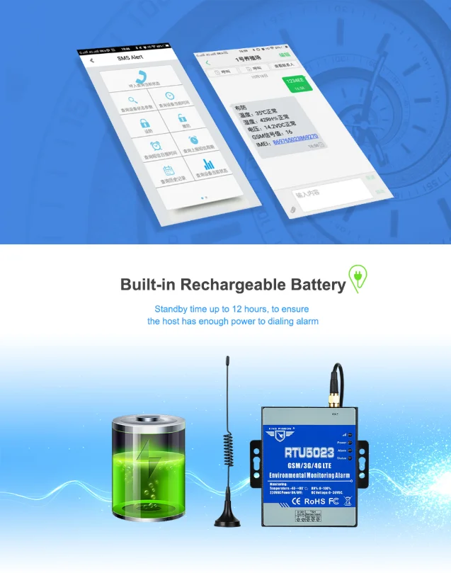 RTU5023 2G GSM Temperature Humidity Environment Alarm Power Lost SMS Alert Remote Monitoring DC Power Timer Report APP Control