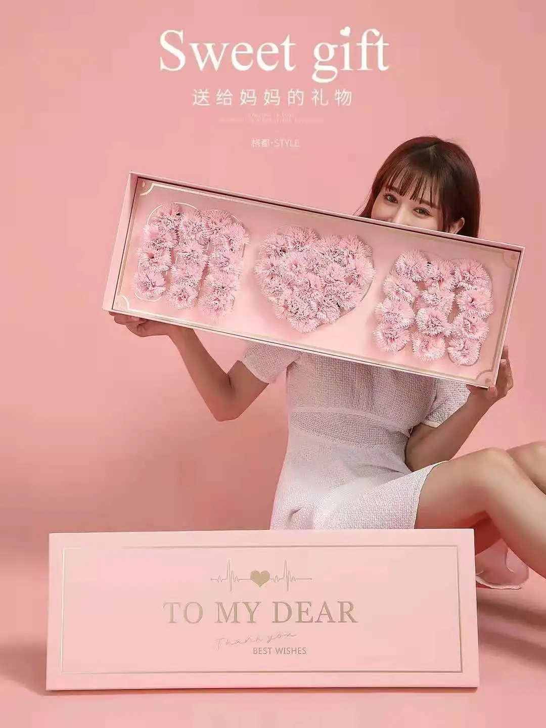 Mother's Day Rectangle Window Gift Box Flower Packaging Box Flower Arrangement Box with Foam I love U Flower Wrapping Chocolate
