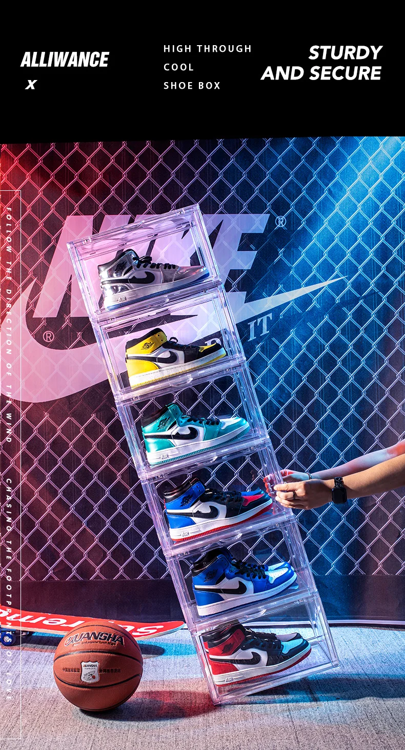 12 Pack Clear Acrylic Drop Front Shoe Box Plastic Black