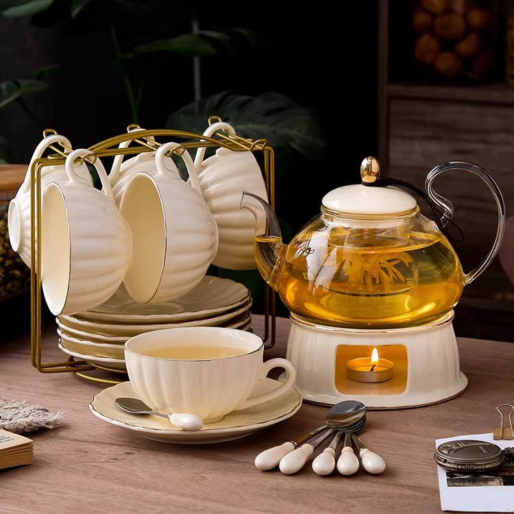 British Handle Ceramic Glass Teapot With Candle Heating Base Set European Porcelain Coffee Pot Afternoon Tea Set Home Decoration factory