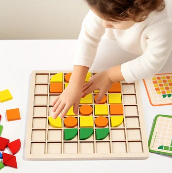 New 120 PCS Wooden Pattern Blocks with 20 Pcs Design Cards Kindergarten Geometric Shape Puzzle Montessori Tangram Toys for Kids