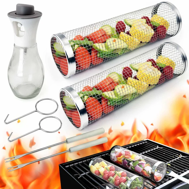 Portable 304 Stainless Steel New Round Net Tube Cylinder Bbq Rolling Grilling Baskets For Outdoor Grilling