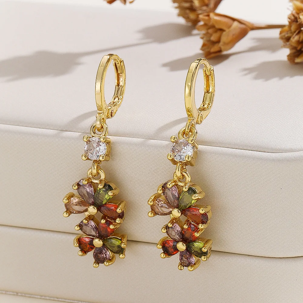 Exquisite Retro Brass Earrings with Colorful Zircon