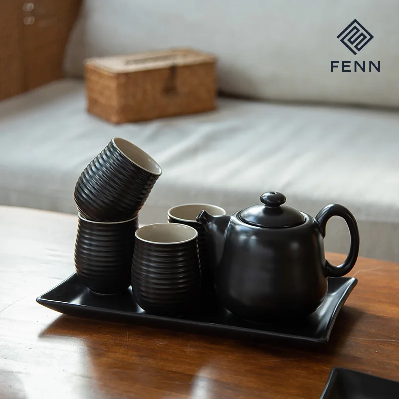 FENN wholesale custom tea accessories vintage restaurant black chinese teapot ceramic cup saucer set unique tea cup with tray