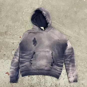 Custom Distressed OEM 100% Cotton French Terry Vintage sun faded wash Blank boxy Hoodie Acid Acid wash Hoodie For Men