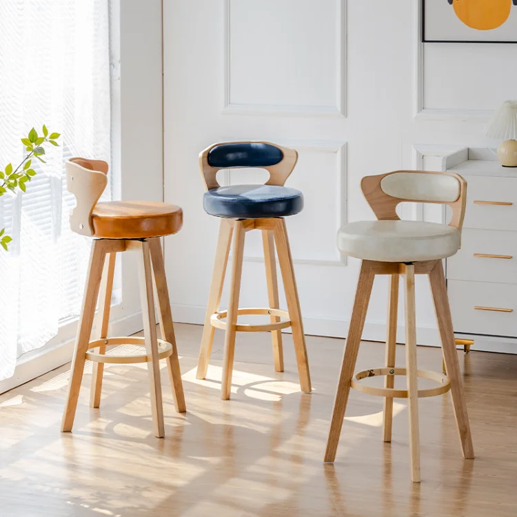Solid Wood Modern Simple Back Swivel Elegant Stool Kitchen Tall Dining Chairs Italy Wooden and Leather Bar Chair for Bars