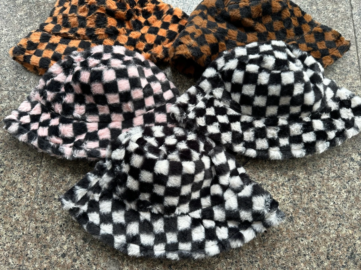 Winter Faux Fur Bucket Hat Checkered Pattern Fluffy Warm Hat Amazon.com: Outdoor Bob Warm Lamb Faux Fur Fluffy Fishing  main image 2