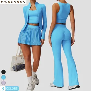 YISHENHON Standing Collar Zipper Cloud Feeling Quick-Drying Winter Yoga Suit Pleated Hip Lift  Sports Running Skirt Clothing