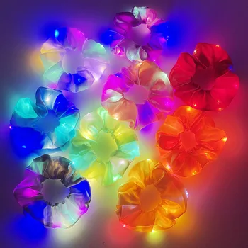 Led Bright Party Hair Ties Ponytail Light Up luminous Glow Rainbow Party Silk Satin Scrunchies For Girls