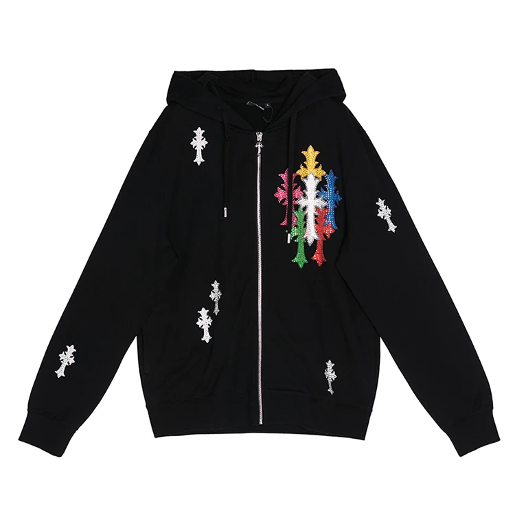 High Quality Black Cotton French Terry Hoodie Custom Mens Rhinestone