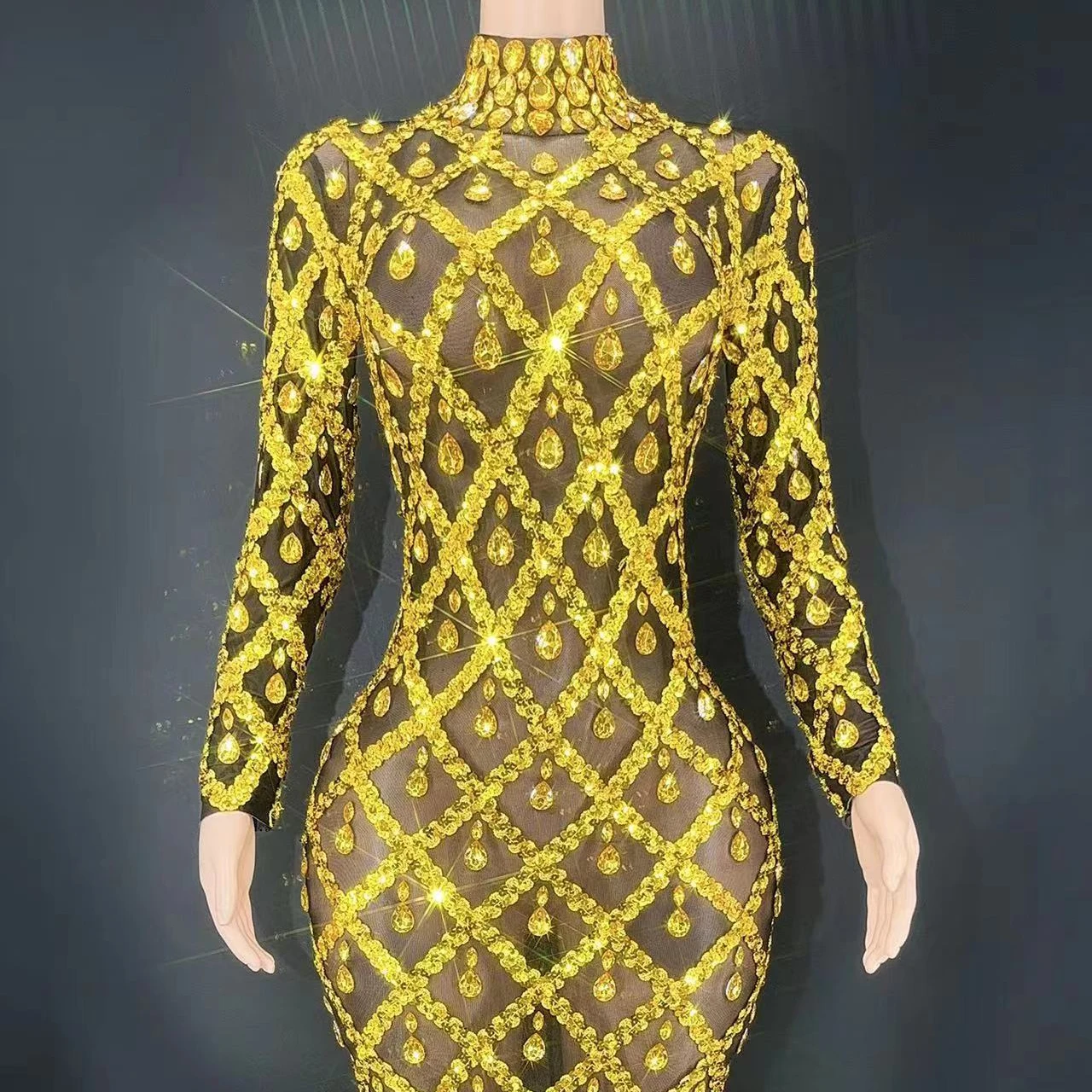 Luxury Stage Costume Party Cloth Diamond Sequin Yellow and Black Dress Mini  Slit Elegant Dress Evening Party Dress