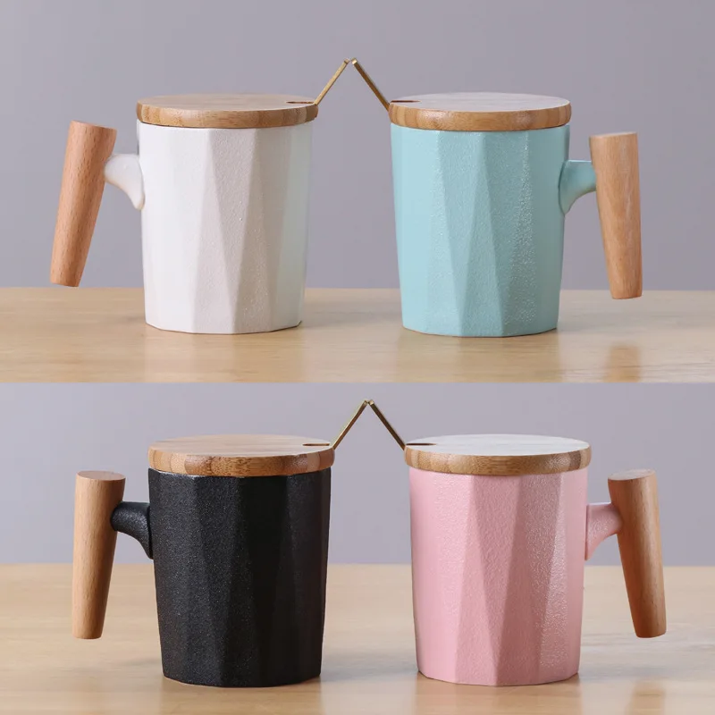 Wholesale Nordic Creative Glazed Ceramic Wood Handle Mug Milk Coffee Mug with Spoon and Bamboo Lid