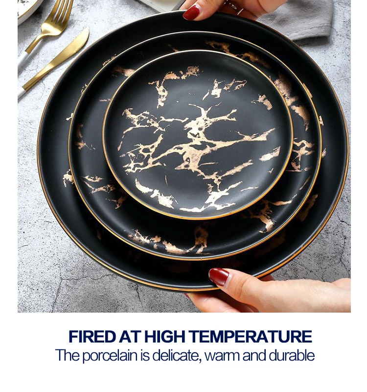 Wholesale Tableware Nordic Style Black Marble Design Dishes Round