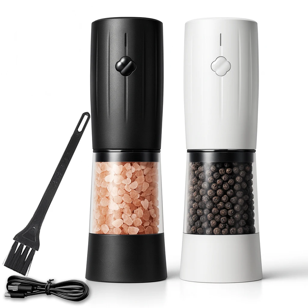 Pengisar Garam dan Lada Plastik Elektrik Jenis-C USB Boleh Dicas Semula dengan Set Pengisar dan Pegangan Lampu LED untuk Kegunaan Rumah & BBQ