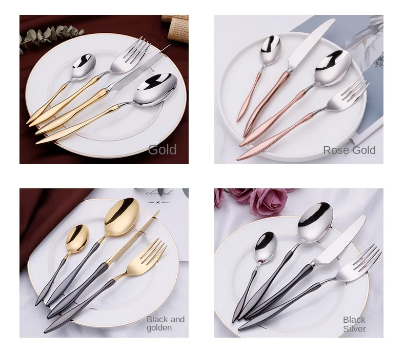 New Hot Sale Light Luxury 304 Stainless Steel Cutlery Knife Fork Spoon Dessert Spoon Set Silverware Wedding Flatware Set