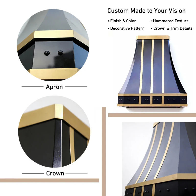 Luxury Black Stainless Steel Brass Range Hood Custom Wall Mount Architectural Kitchen Hood