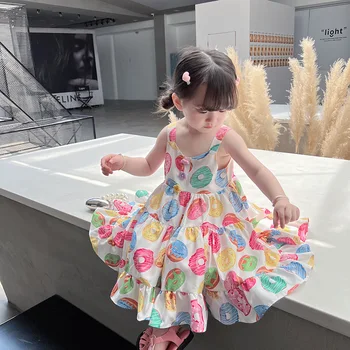 Children's clothing girls' braces skirt Summer new children's sweet style printed princess dress