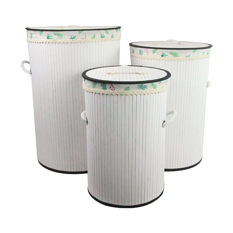 Stackable Round Bamboo Laundry Basket Fabric Hamper Kids Laundry Basket
