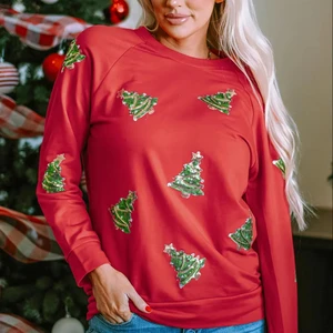 LYG Bestselling Custom Casual Christmas Tree Sequin Embroidery Pattern Knitted Long Sleeve Crew Neck Winter Top for Autumn