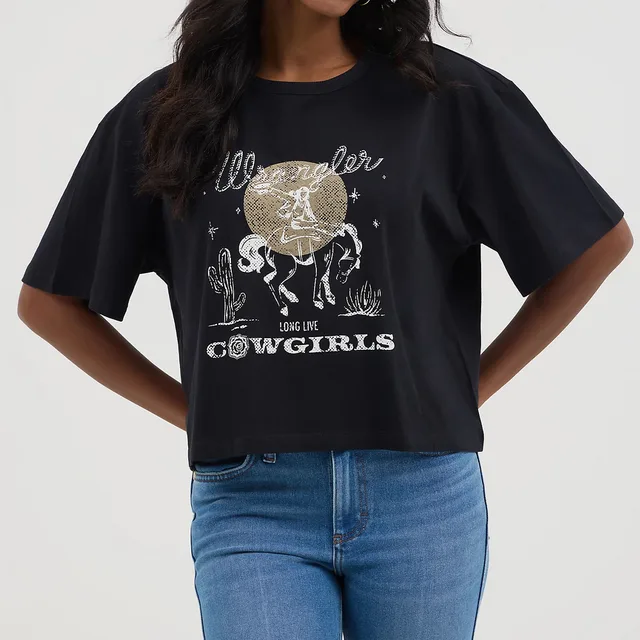 100% Cotton Boxy Crop Tee Logo Digital Printing Washable Long Live Cowgirls Retro Horseback Print Streetwear Style Eco-Friendly